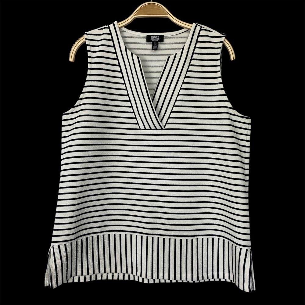 Jones New York Nautical Striped Sleeveless Knit Top Women M White Black Coastal